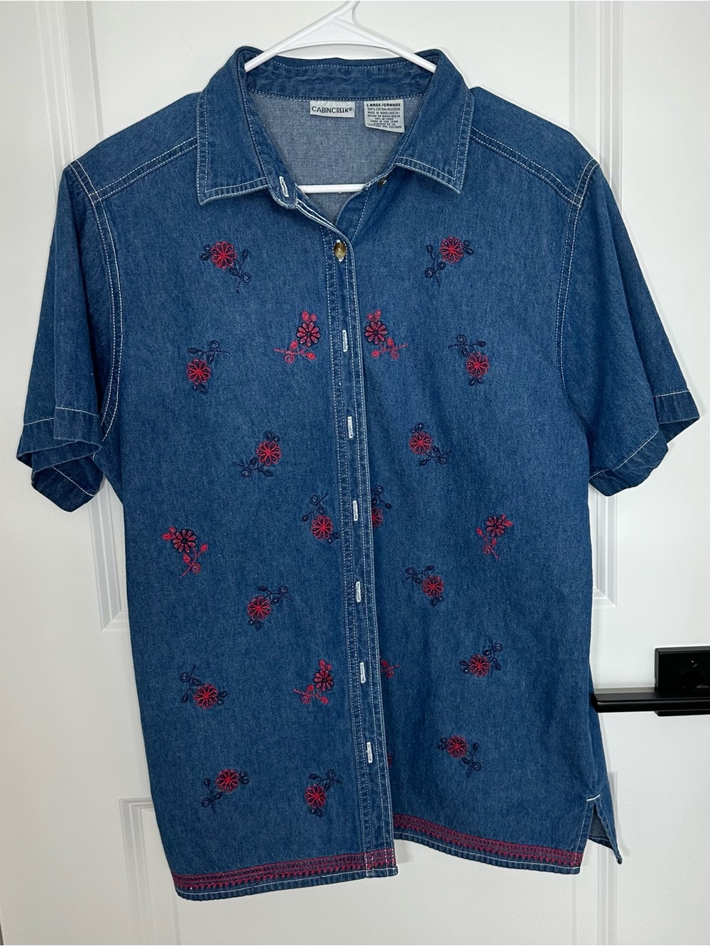 Cabin Creek Dark Blue Denim Button-Front Shirt with Red Floral Embroidery